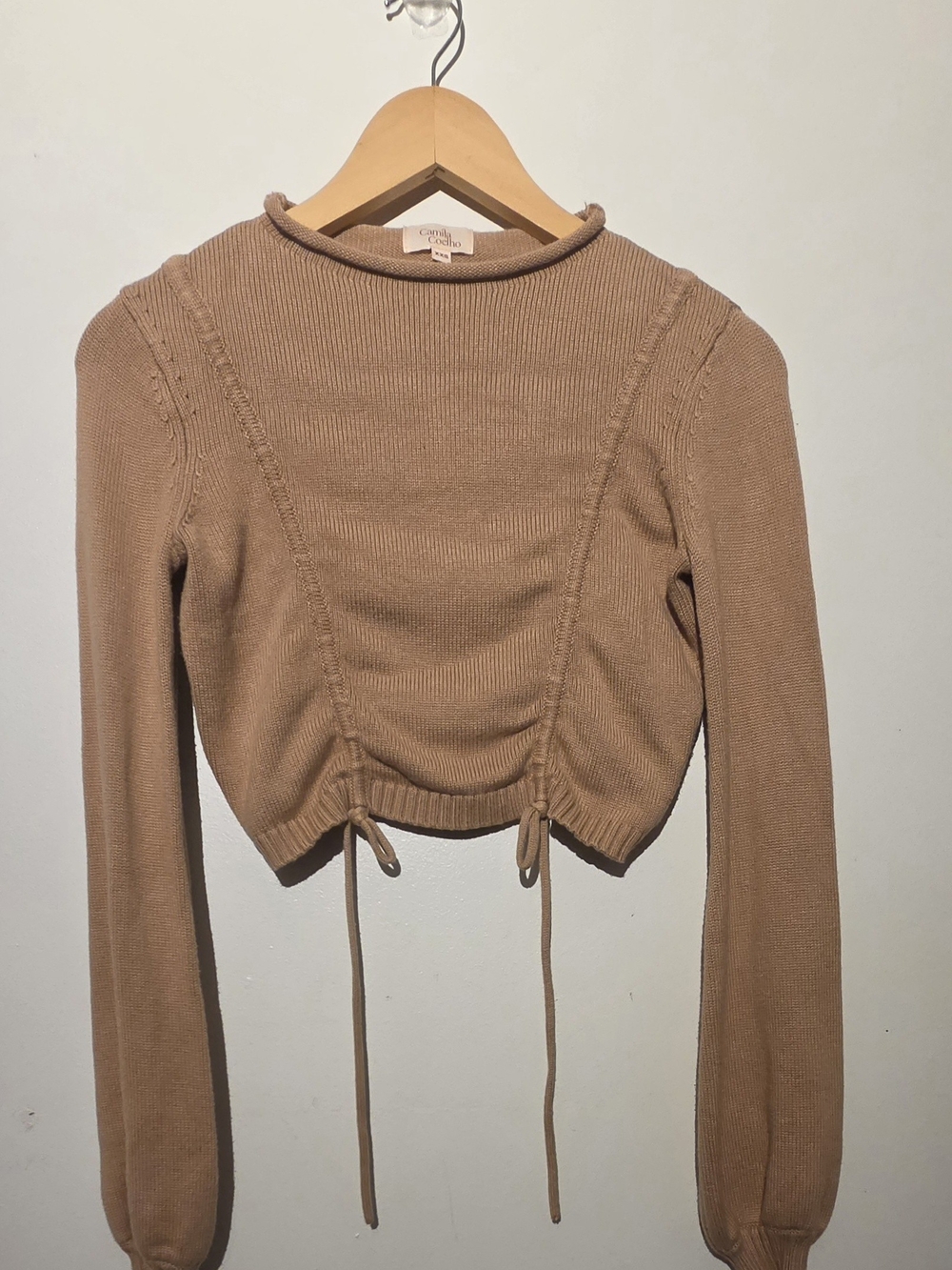 Camila Coelho Cropped Drawstring Ribbed Sweater - Tan